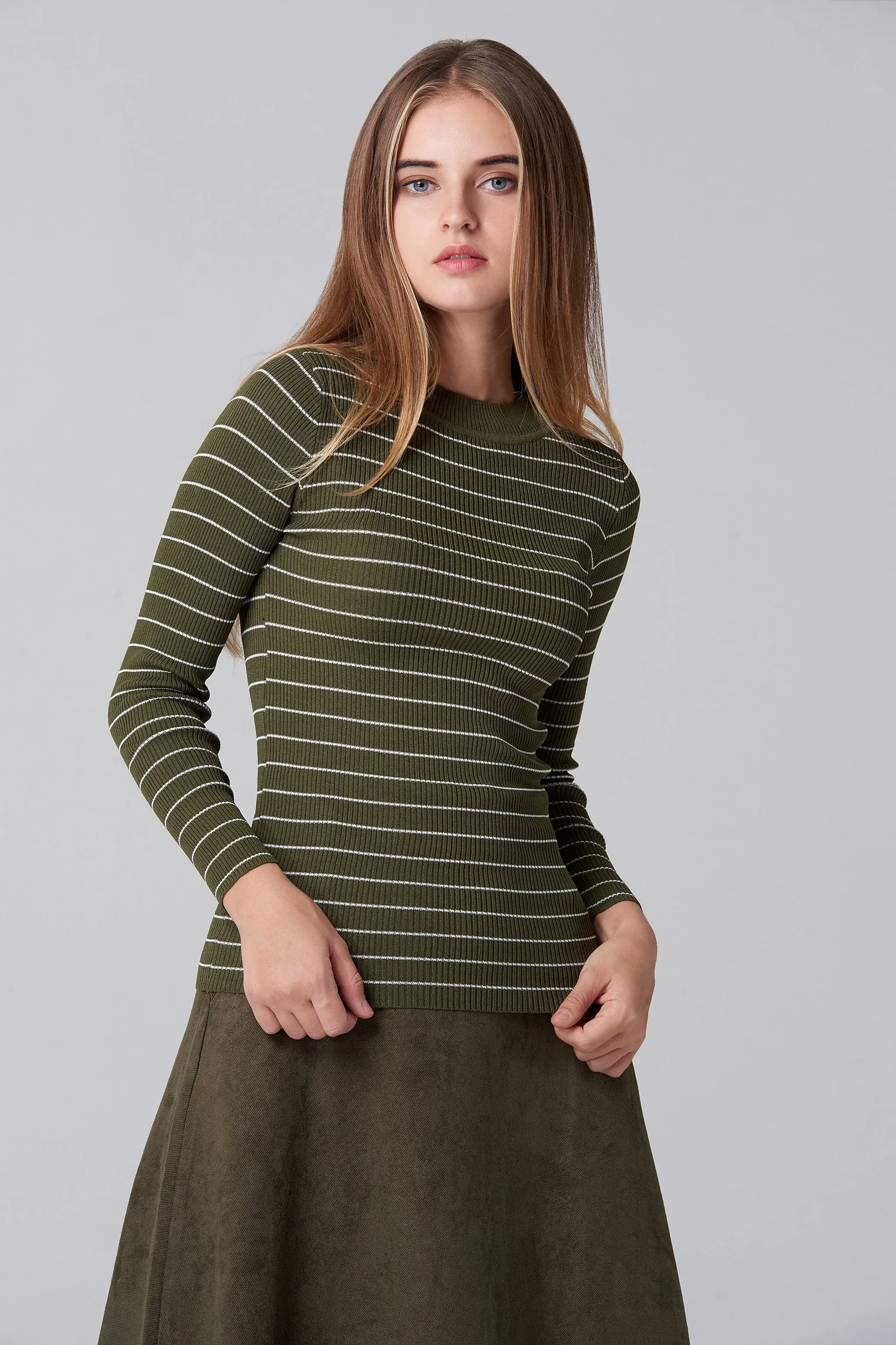 Army  Green Suede Skirt and Stripe Top Set