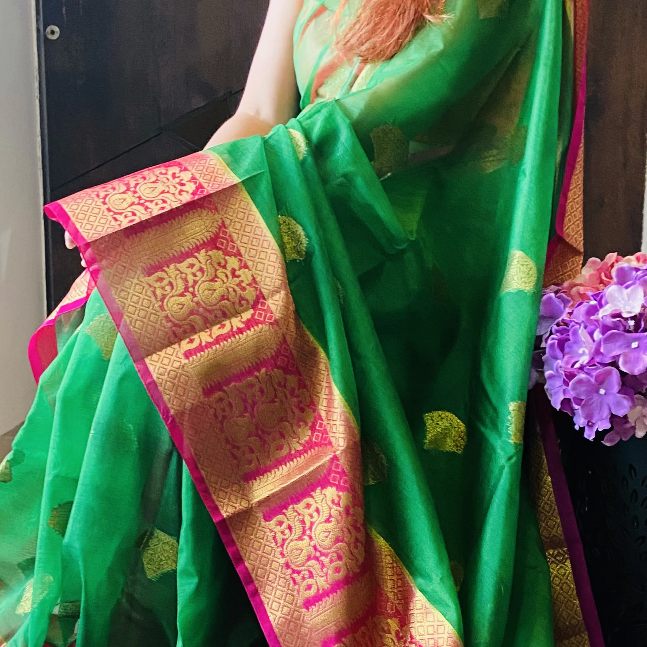 Bold Green-Pink Banarasi Semi Kora Organza Party Wear Saree