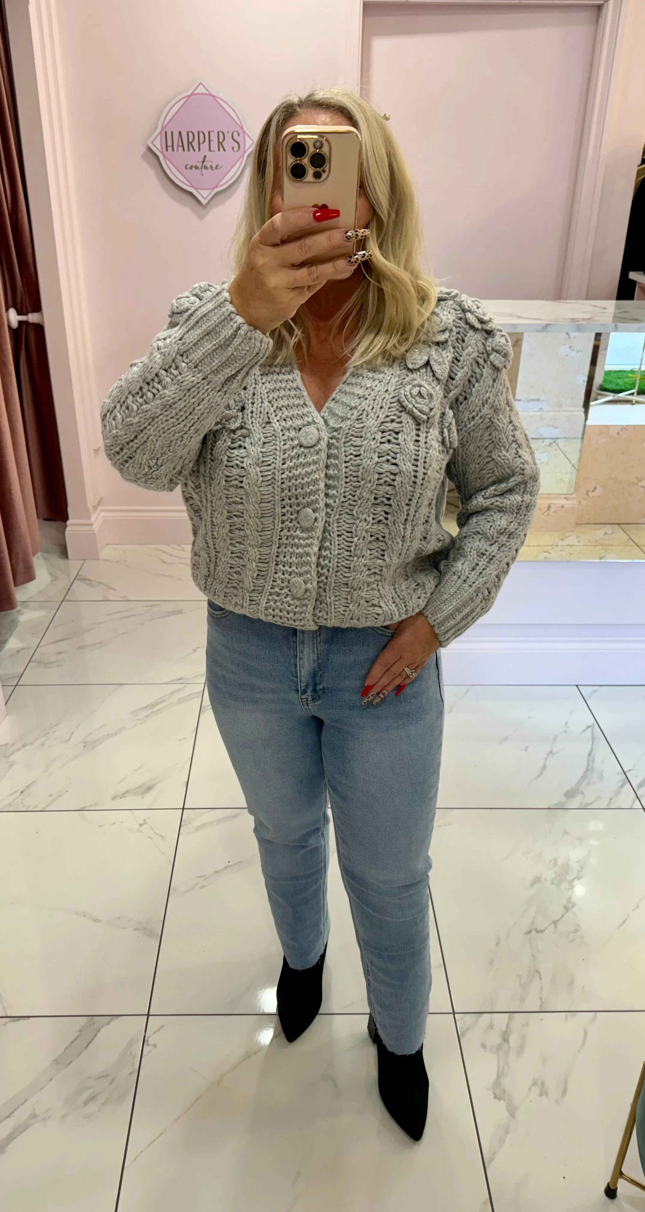 Elsie Grey Flower Chunky Knit Jumper/Cardigan