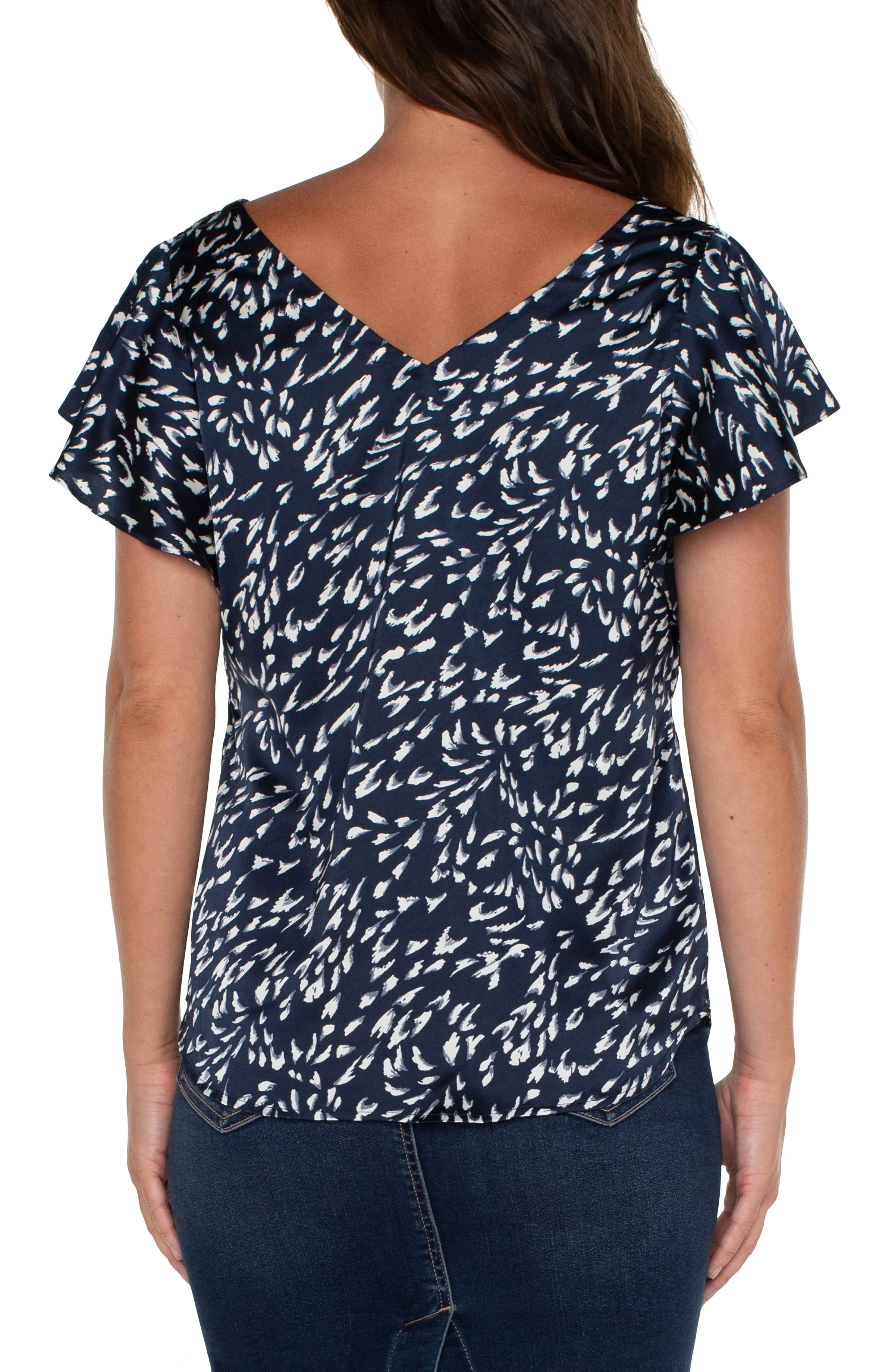 Liverpool Double V Neck Flutter Sleeve Top (Navy Multi Print)