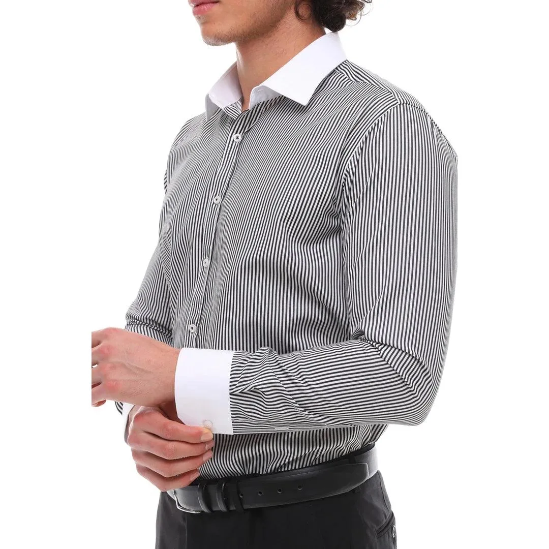 Mens Button Down Stripe Dress Shirt Smart Formal Classic Collar