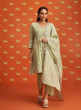 Mulmul Banarsi Nyah Green Short Anarkali Kurta With Mulmul Banarsi Nyah Green Dhoti Pant