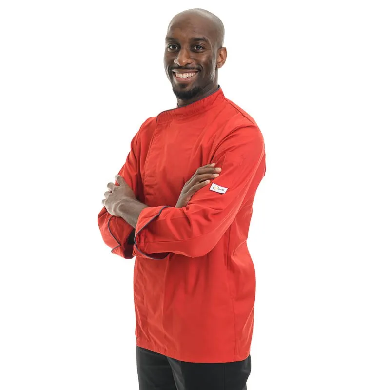 Sure, here’s an optimized title for your e-commerce product:

Mens Red Kitchen Coat with Gray Piping - Short Sleeve or Long Sleeve Options Available | MANELLI