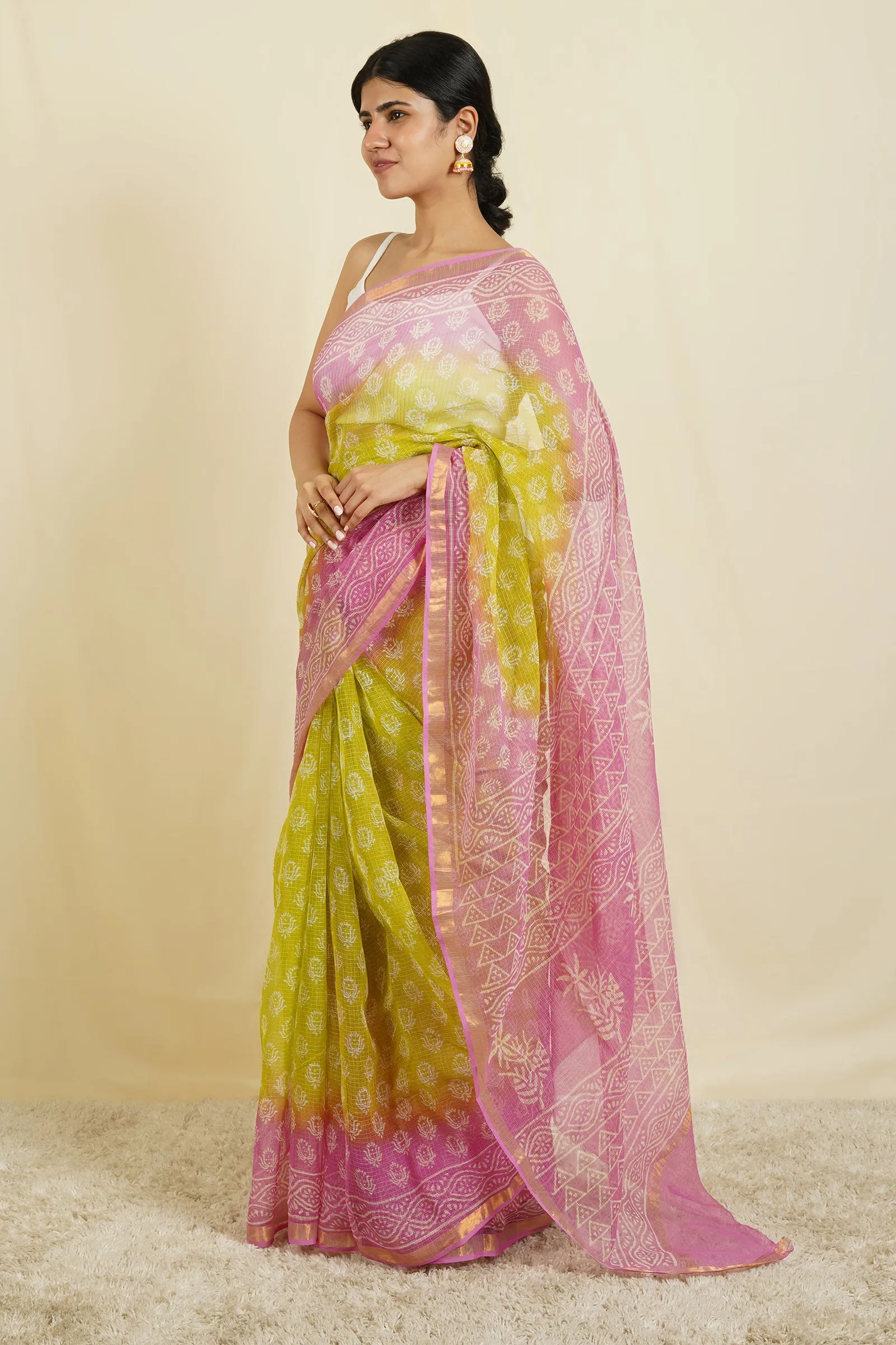 Teejh Aashika Pink and Light Green Block Print Kota Saree With Blouse Piece
