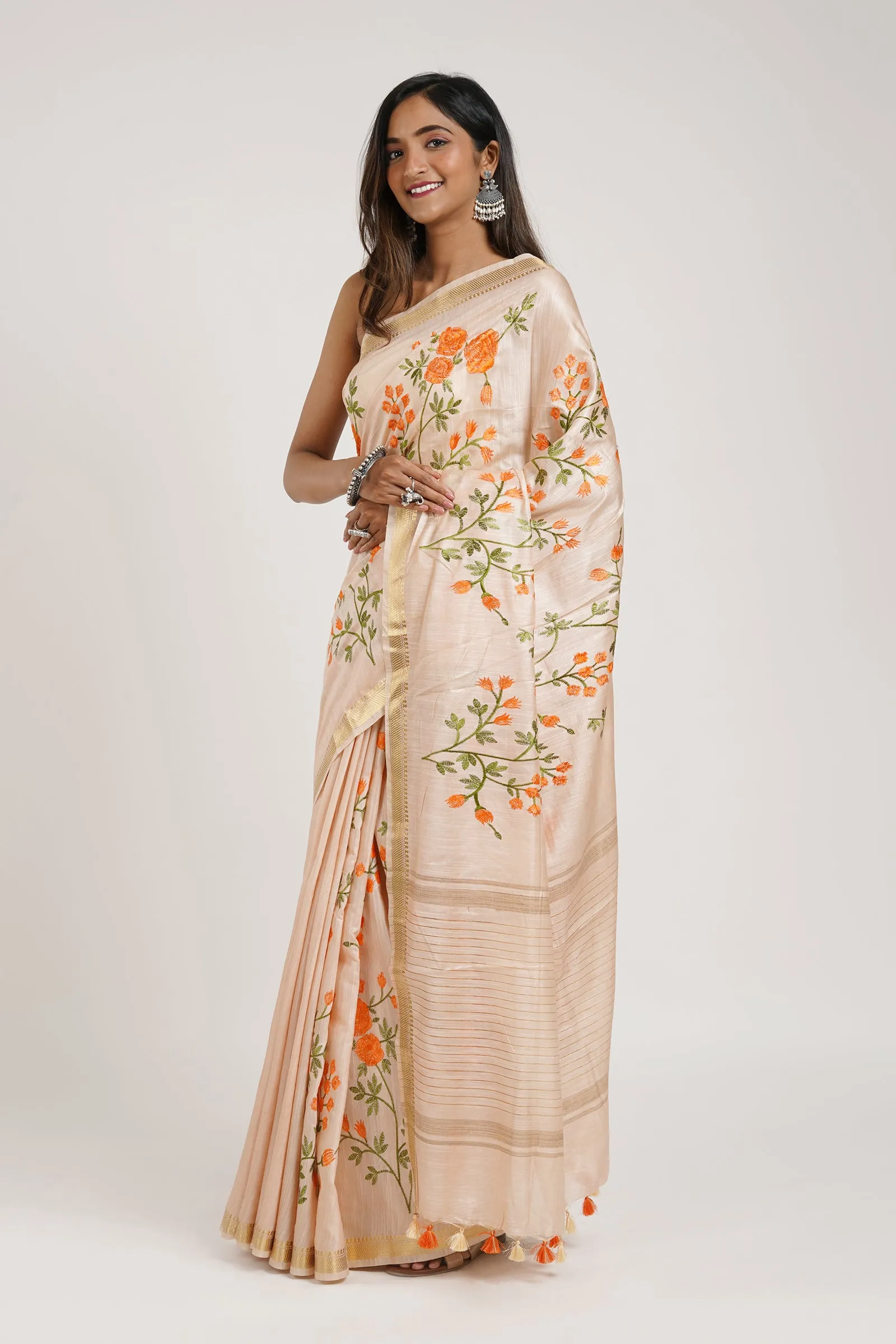 Teejh Gulrang Cream and Orange Silk Linen Saree with Blouse Piece