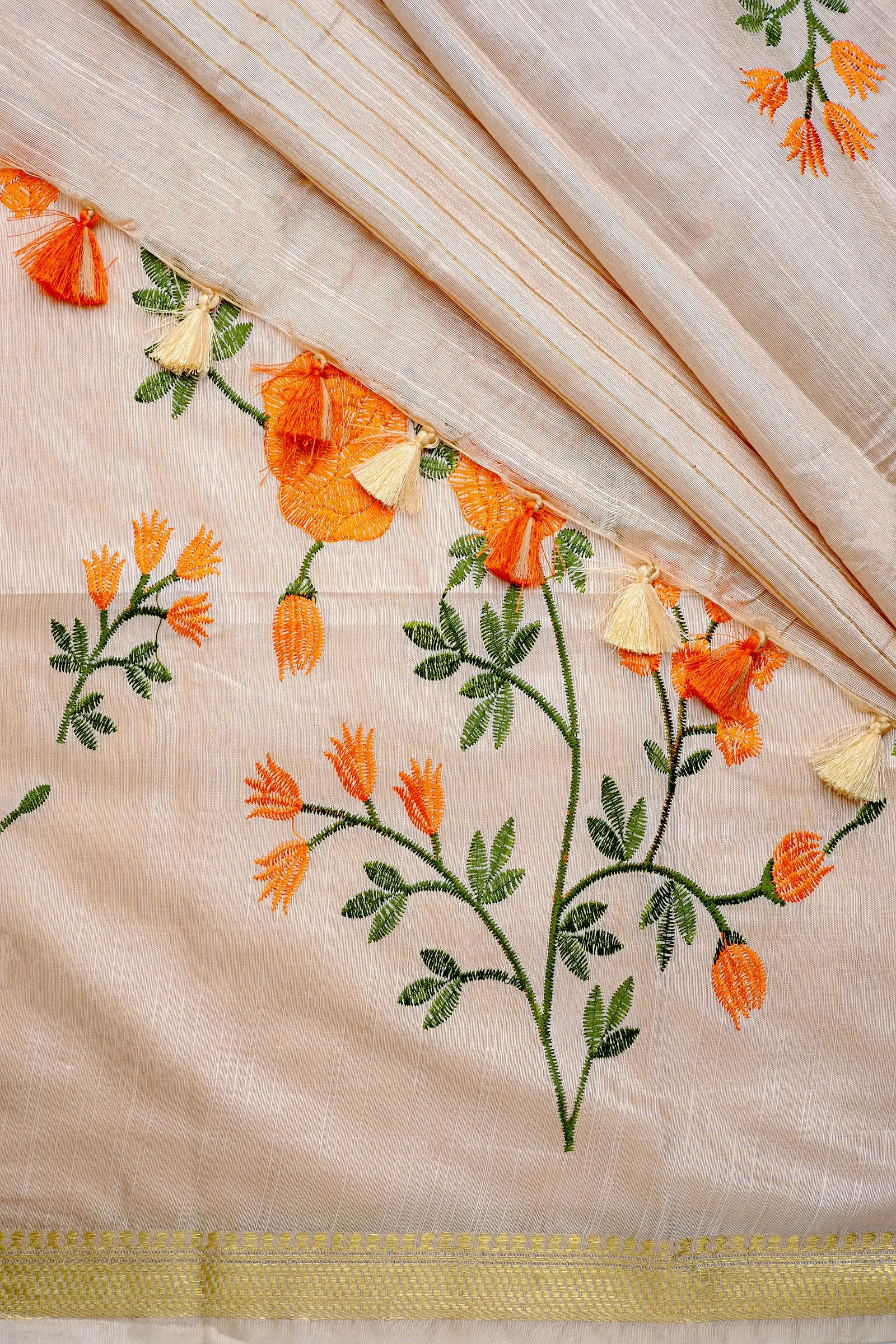 Teejh Gulrang Cream and Orange Silk Linen Saree with Blouse Piece