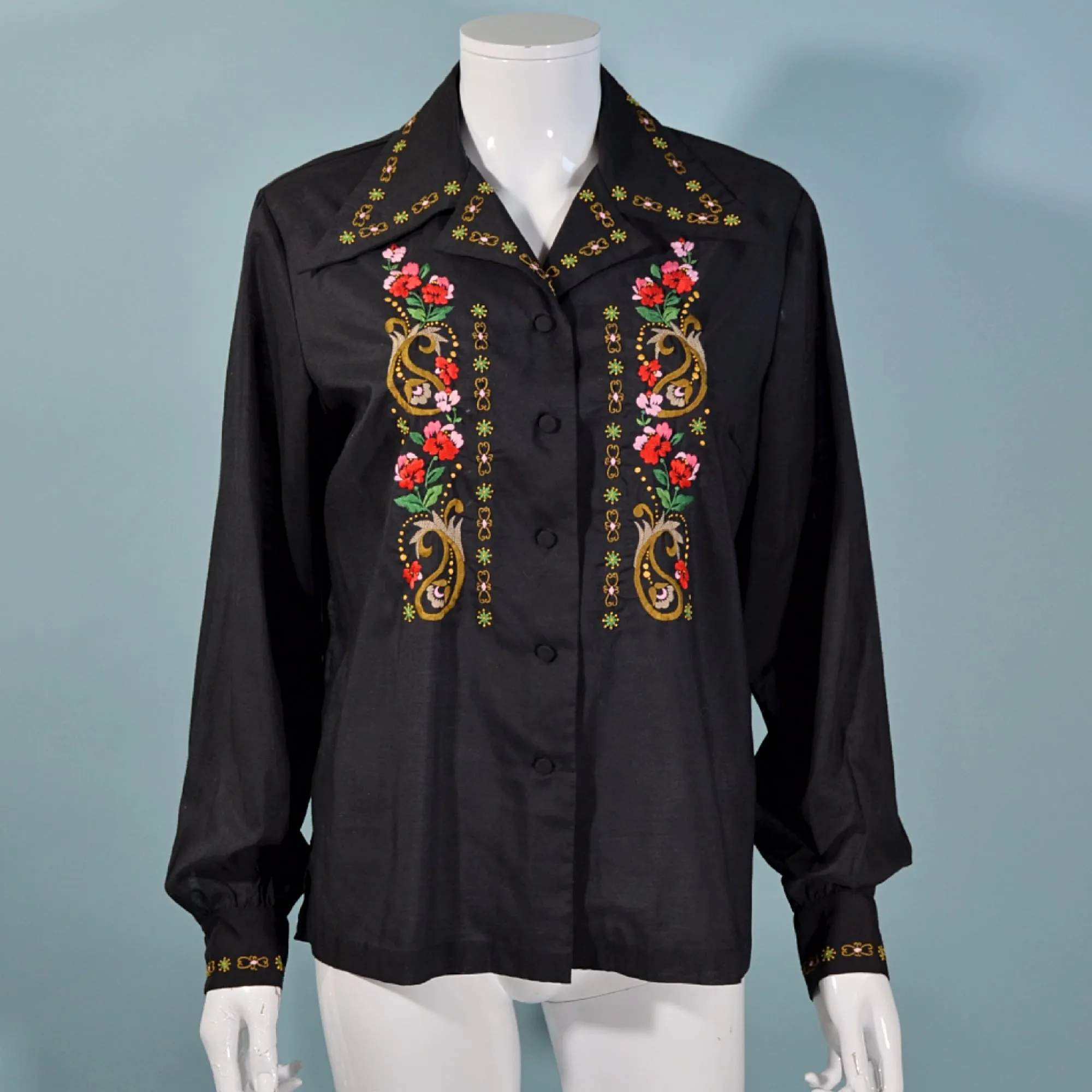 Vintage 60s Black Hand Embroidered Boho Blouse, Lily Shanghai China SZ 40