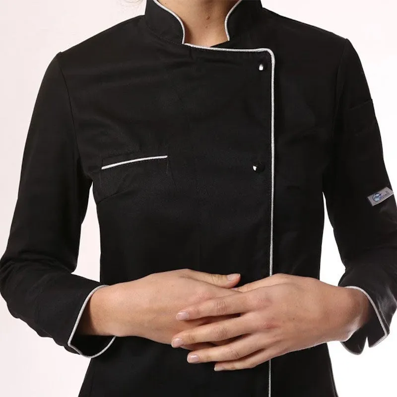 Black Kitchen Coat for Women with Elegant Silver Piping by MANELLI