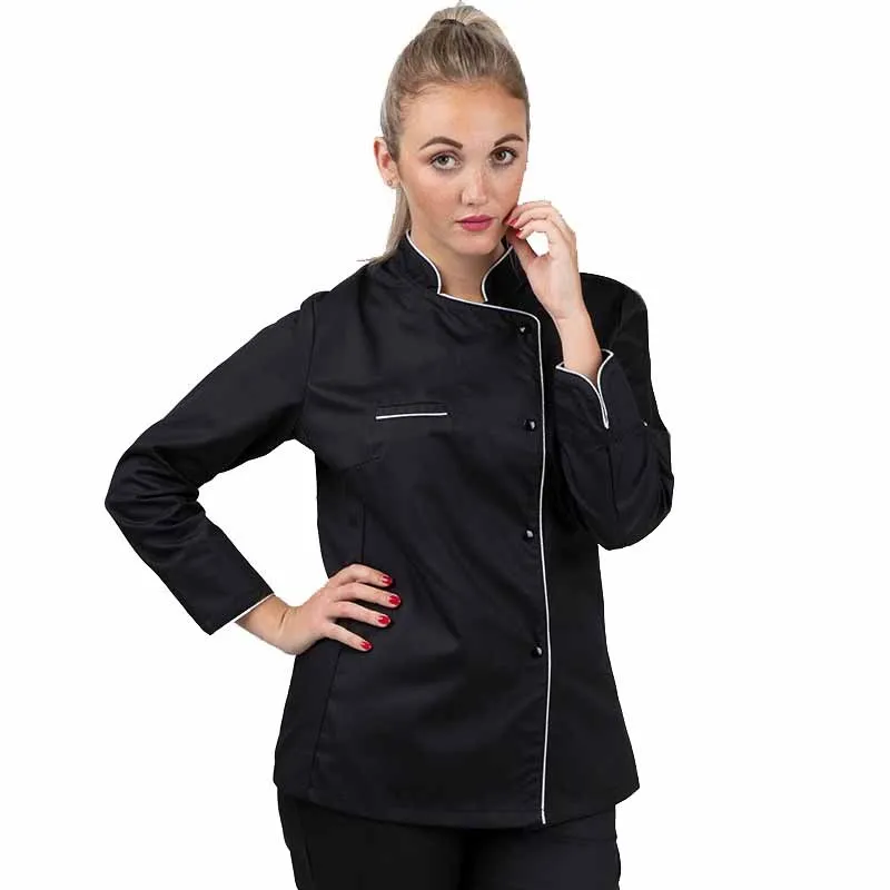 Black Kitchen Coat for Women with Elegant Silver Piping by MANELLI