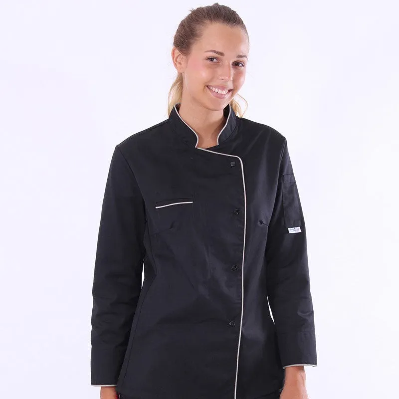 Black Kitchen Coat for Women with Elegant Silver Piping by MANELLI