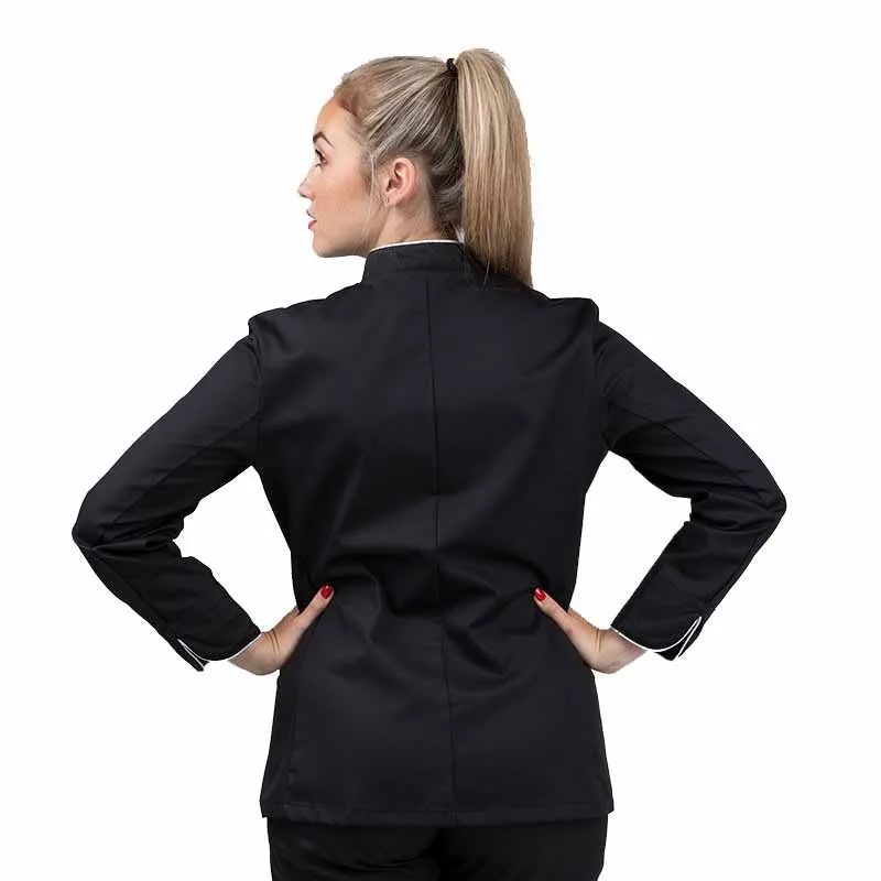 Black Kitchen Coat for Women with Elegant Silver Piping by MANELLI
